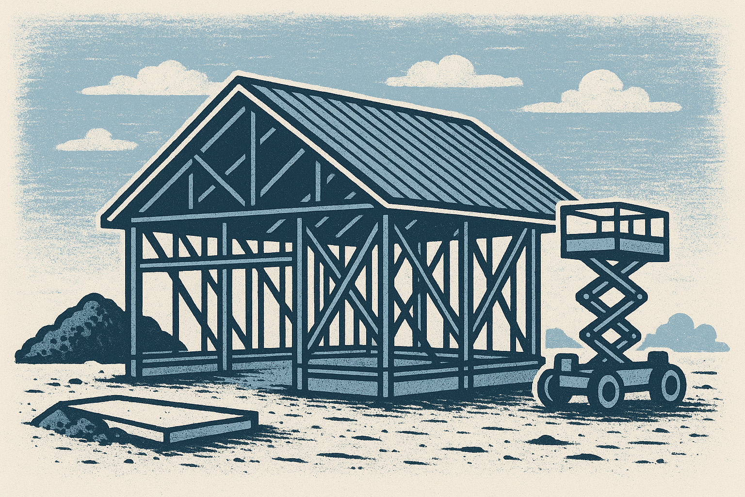 Minimalist letterpress-style illustration of a Budget Home Kits construction site featuring a steel-frame structure, gable roof trusses, a scissor lift, and concrete slab elements, rendered in blue, gray, black, and white.