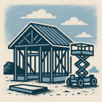 Square letterpress-style illustration of a Budget Home Kits steel-frame building under construction with exposed metal studs, gable roof framing, a scissor lift, and minimalist blue-gray tones.