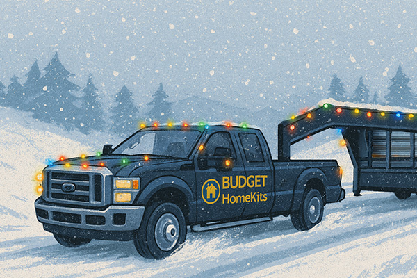 Budget Home Kits dually pickup truck decorated with Christmas lights delivering galvanized steel framing components on a gooseneck trailer through snowy winter conditions.