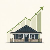 Minimalist illustration of a steel home with an upward-trending line graph representing increasing home value and homeowner equity.